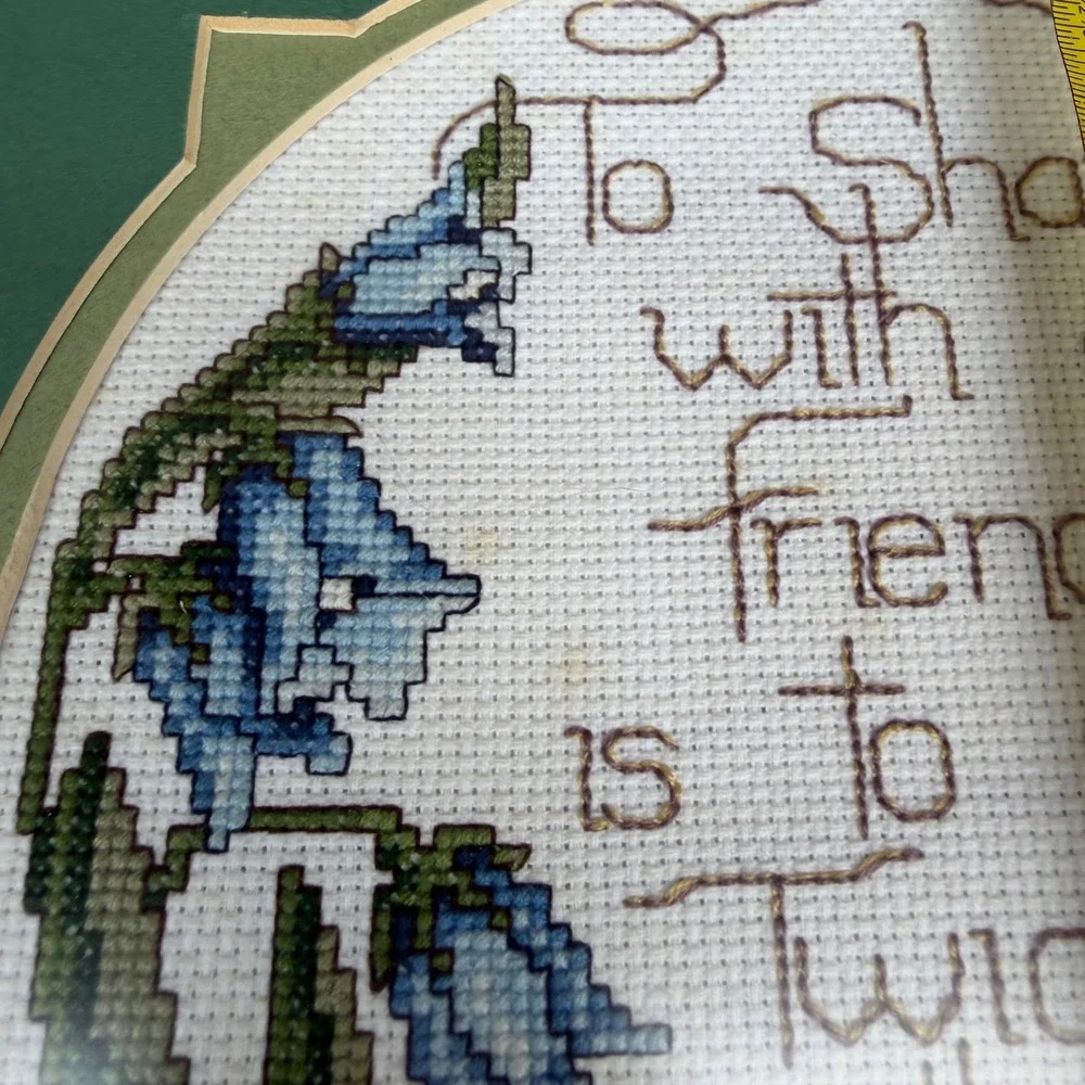 Vintage Framed Cross Stitch Bluebells Friendship Quote Green 12.5in Square Decor